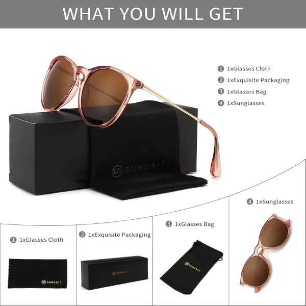 SUNGAIT Vintage Round Sunglasses for Women Men Classic Retro Designer Style2024 Pink Brown Frame Glossy FinishPolarized Lightbrown Lens
