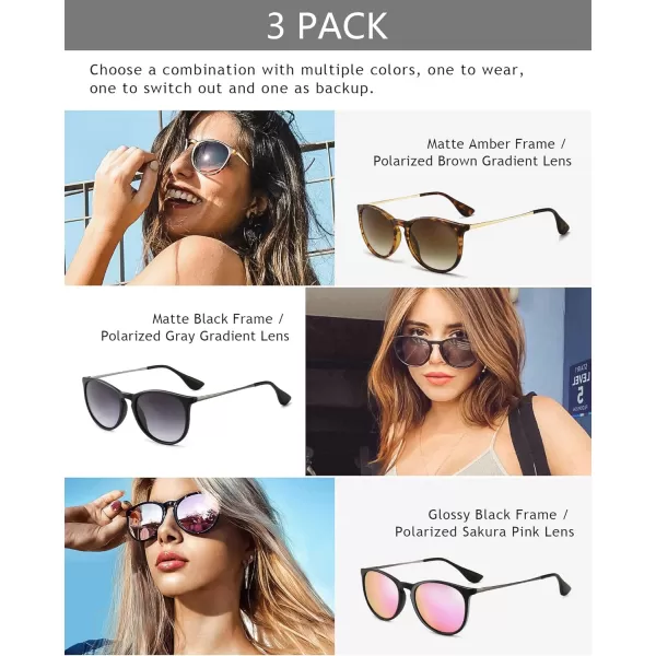 SUNGAIT Vintage Round Sunglasses for Women Men Classic Retro Designer Style3 Pack Polarized Matte AmberBrown Gradientmatte BlackGray Gradientglossy BlackSakura Pink