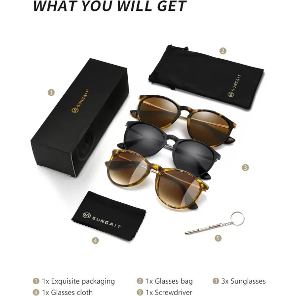 SUNGAIT Vintage Round Sunglasses for Women Men Classic Retro Designer Style3 Pack Polarized Matte AmberBrown Gradientmatte BlackGrayglossy LeopardBrown