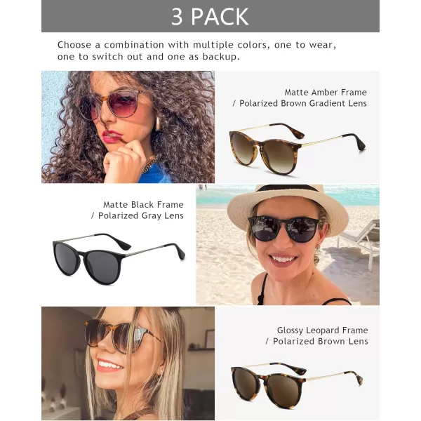 SUNGAIT Vintage Round Sunglasses for Women Men Classic Retro Designer Style3 Pack Polarized Matte AmberBrown Gradientmatte BlackGrayglossy LeopardBrown