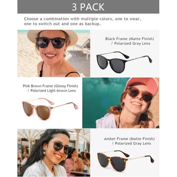 SUNGAIT Vintage Round Sunglasses for Women Men Classic Retro Designer Style3 Pack Polarized Matte BlackGrayglossy Pink BrownLightbrownmatte AmberGray
