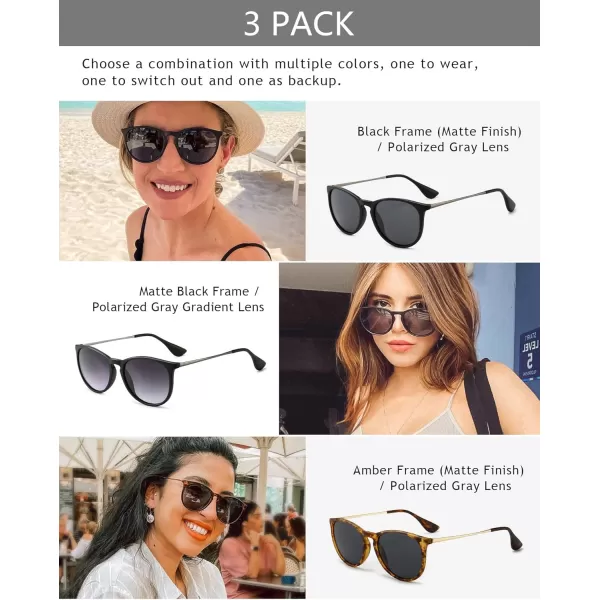SUNGAIT Vintage Round Sunglasses for Women Men Classic Retro Designer Style3 Pack Polarized Matte BlackGraymatte BlackGray Gradientmatte AmberGray