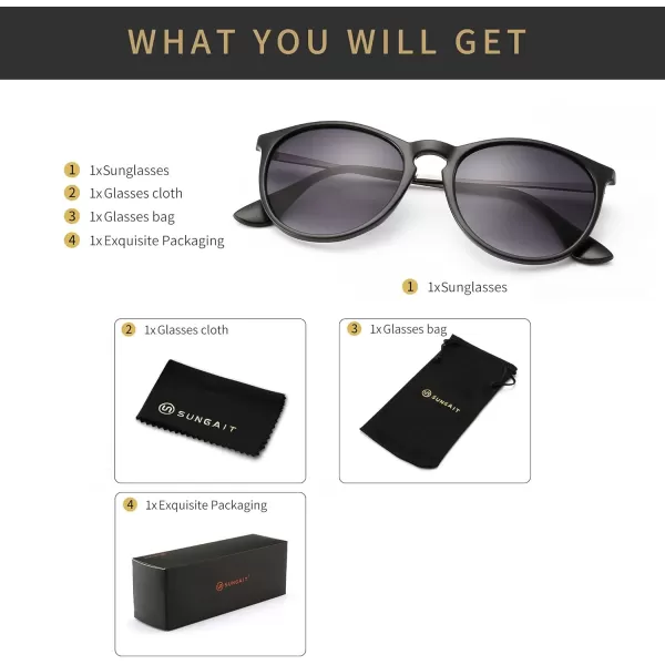 SUNGAIT Vintage Round Sunglasses for Women Men Classic Retro Designer StyleBlack Frame Matte FinishGray Gradient Lens