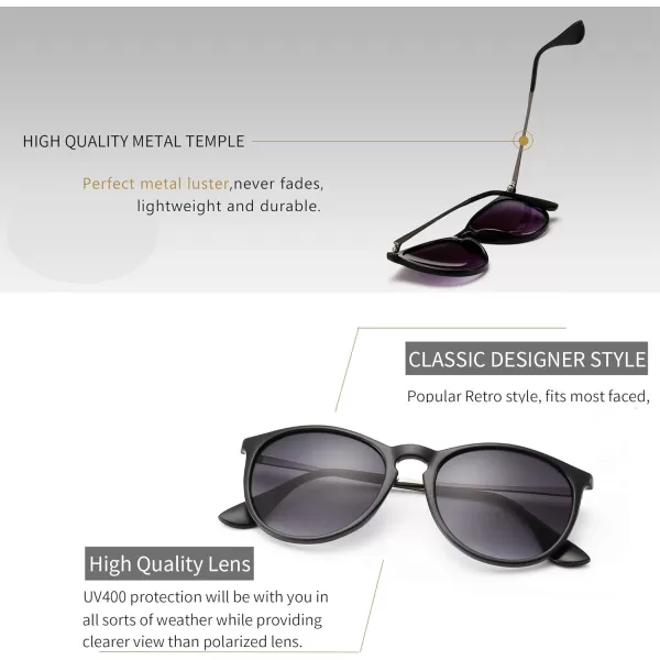 SUNGAIT Vintage Round Sunglasses for Women Men Classic Retro Designer StyleBlack Frame Matte FinishGray Gradient Lens