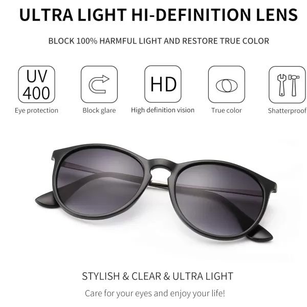 SUNGAIT Vintage Round Sunglasses for Women Men Classic Retro Designer StyleBlack Frame Matte FinishGray Gradient Lens