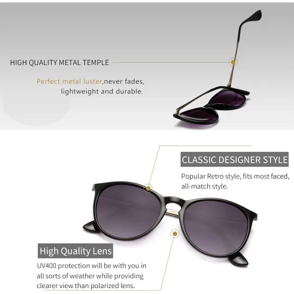 SUNGAIT Vintage Round Sunglasses for Women Men Classic Retro Designer StyleBlack Frameglossy FinishGray Gradient Lens