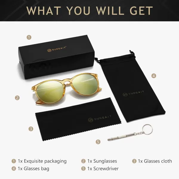 SUNGAIT Vintage Round Sunglasses for Women Men Classic Retro Designer StyleClear Yellow FramePolarized Yellow Green Lens