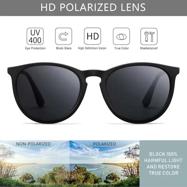 SUNGAIT Vintage Round Sunglasses for Women Men Classic Retro Designer StyleMatte Black FramenonslipPolarized Gray Lens