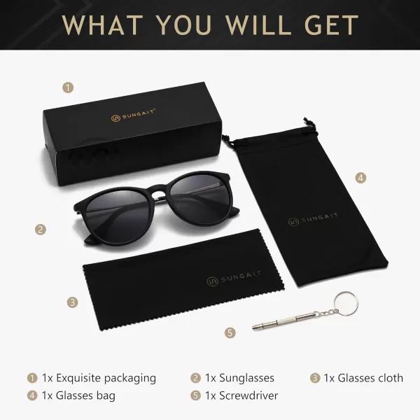 SUNGAIT Vintage Round Sunglasses for Women Men Classic Retro Designer StyleMatte Black FramenonslipPolarized Gray Lens