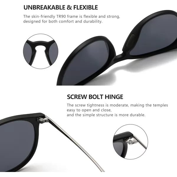 SUNGAIT Vintage Round Sunglasses for Women Men Classic Retro Designer StyleMatte Black FramenonslipPolarized Gray Lens