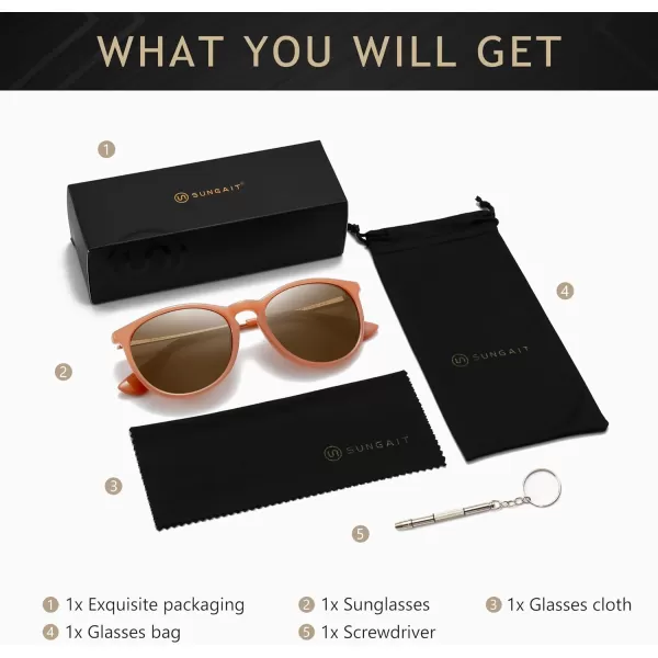 SUNGAIT Vintage Round Sunglasses for Women Men Classic Retro Designer StylePink FramePolarized Lightbrown Lens
