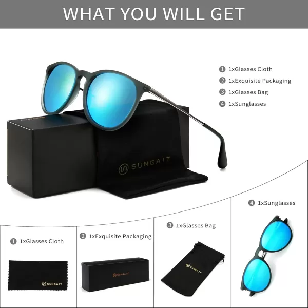 SUNGAIT Vintage Round Sunglasses for Women Men Classic Retro Designer StylePolarized Blue Mirror LensTransparent Gray Frame