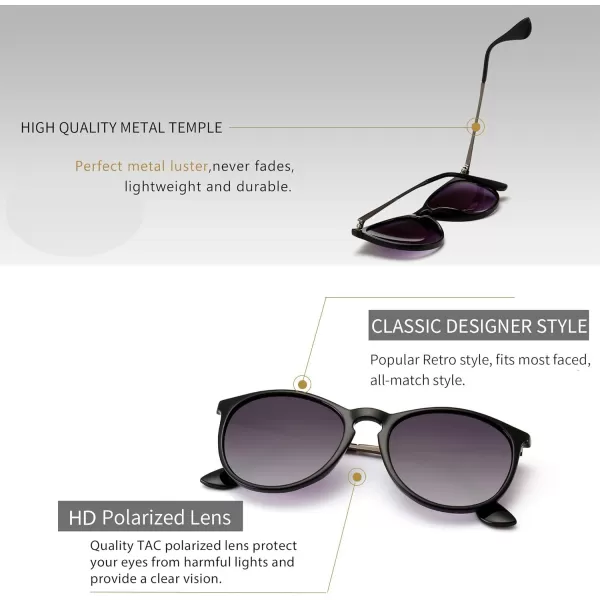 SUNGAIT Vintage Round Sunglasses for Women Men Classic Retro Designer StylePolarized Gray Gradient LensBlack Framematte Finish