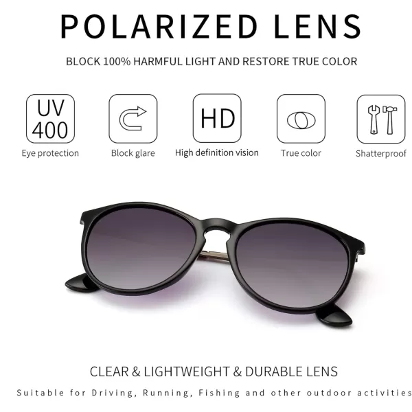 SUNGAIT Vintage Round Sunglasses for Women Men Classic Retro Designer StylePolarized Gray Gradient LensBlack Framematte Finish