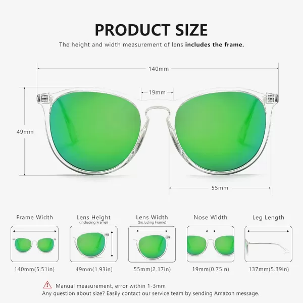 SUNGAIT Vintage Round Sunglasses for Women Men Classic Retro Designer StylePolarized Green Mirror LensTransparent Frame
