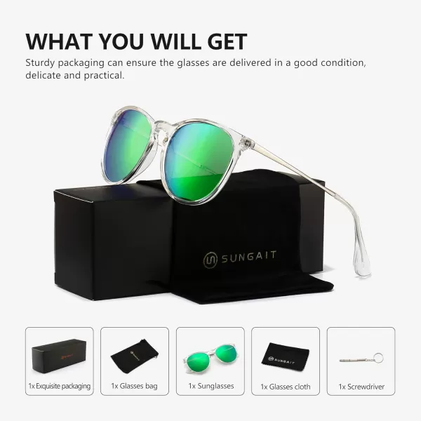 SUNGAIT Vintage Round Sunglasses for Women Men Classic Retro Designer StylePolarized Green Mirror LensTransparent Frame