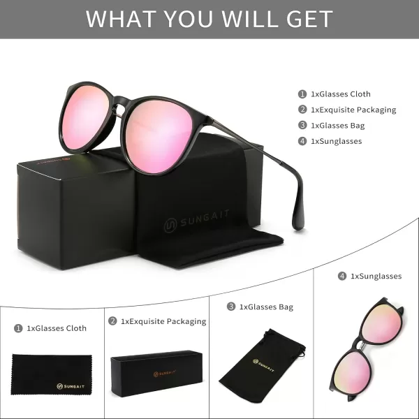 SUNGAIT Vintage Round Sunglasses for Women Men Classic Retro Designer StylePolarized Sakura Pink LensBlack Frameglossy Finish