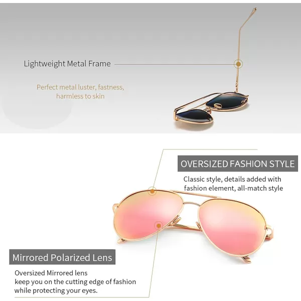 SUNGAIT Womens Lightweight Oversized Aviator Sunglasses  Mirrored Polarized Lens2 Pack Polarized  LightgoldPink Mirrored  LightgoldBrown