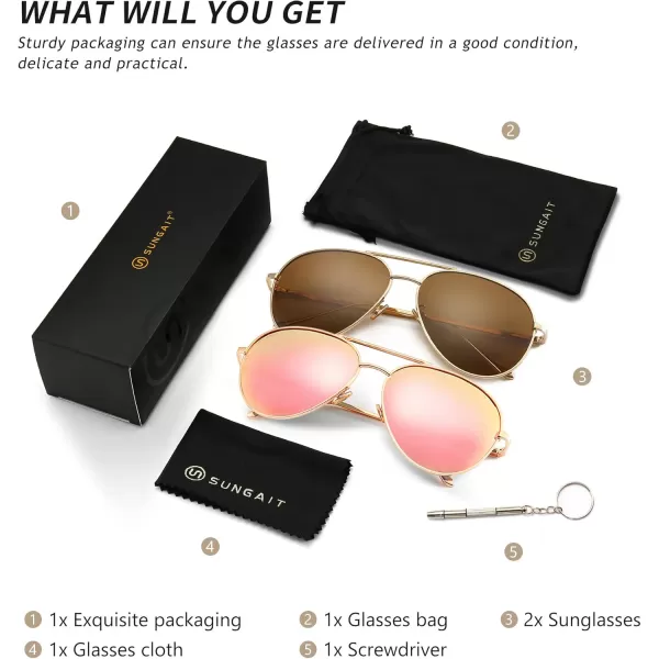 SUNGAIT Womens Lightweight Oversized Aviator Sunglasses  Mirrored Polarized Lens2 Pack Polarized  LightgoldPink Mirrored  LightgoldBrown