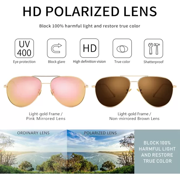 SUNGAIT Womens Lightweight Oversized Aviator Sunglasses  Mirrored Polarized Lens2 Pack Polarized  LightgoldPink Mirrored  LightgoldBrown