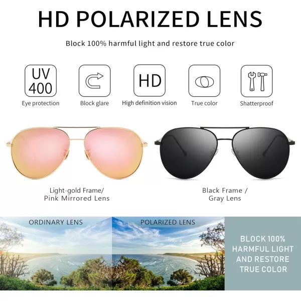 SUNGAIT Womens Lightweight Oversized Aviator Sunglasses  Mirrored Polarized Lens2 Pack Polarized LightgoldPink MirroredblackGray