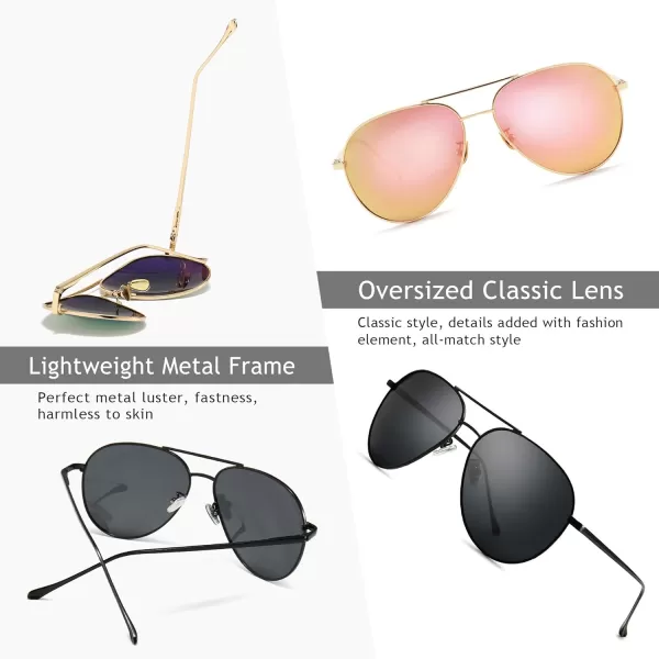 SUNGAIT Womens Lightweight Oversized Aviator Sunglasses  Mirrored Polarized Lens2 Pack Polarized LightgoldPink MirroredblackGray