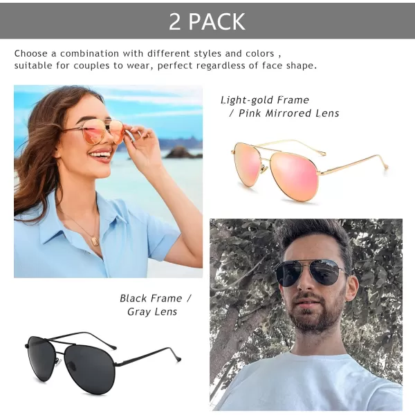 SUNGAIT Womens Lightweight Oversized Aviator Sunglasses  Mirrored Polarized Lens2 Pack Polarized LightgoldPink MirroredblackGray