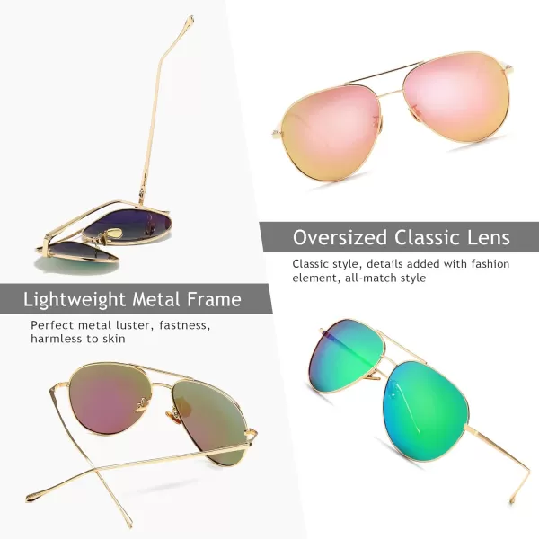 SUNGAIT Womens Lightweight Oversized Aviator Sunglasses  Mirrored Polarized Lens2 Pack Polarized  LightgoldPink MirroredlightgoldGreen Mirrored