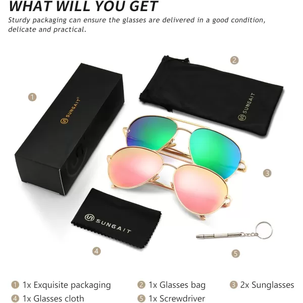 SUNGAIT Womens Lightweight Oversized Aviator Sunglasses  Mirrored Polarized Lens2 Pack Polarized  LightgoldPink MirroredlightgoldGreen Mirrored