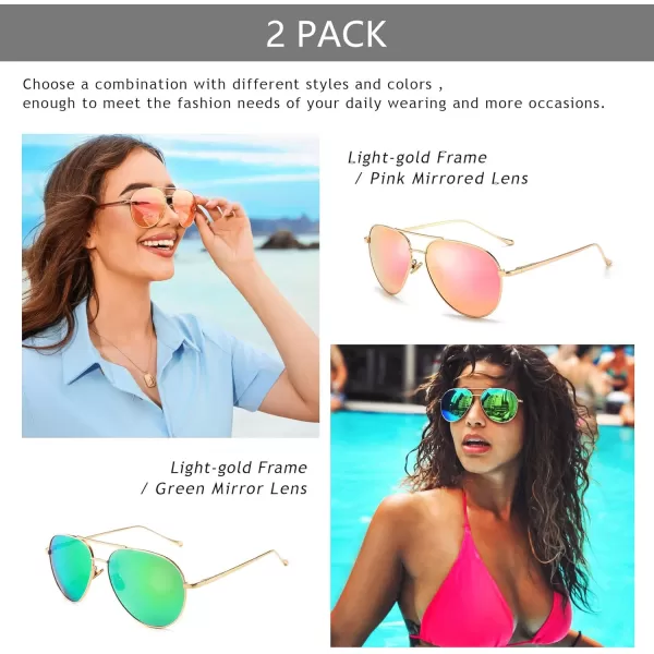 SUNGAIT Womens Lightweight Oversized Aviator Sunglasses  Mirrored Polarized Lens2 Pack Polarized  LightgoldPink MirroredlightgoldGreen Mirrored