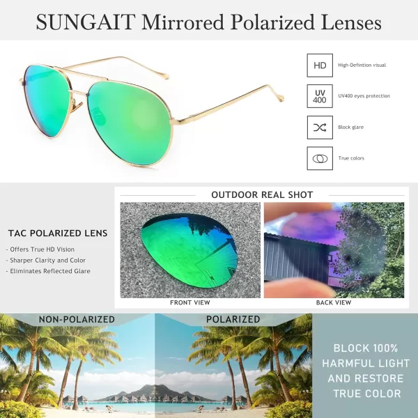 SUNGAIT Womens Lightweight Oversized Aviator Sunglasses  Mirrored Polarized Lens2 Pack Polarized  LightgoldPink MirroredlightgoldGreen Mirrored