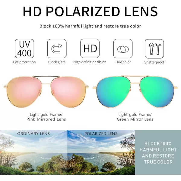 SUNGAIT Womens Lightweight Oversized Aviator Sunglasses  Mirrored Polarized Lens2 Pack Polarized  LightgoldPink MirroredlightgoldGreen Mirrored