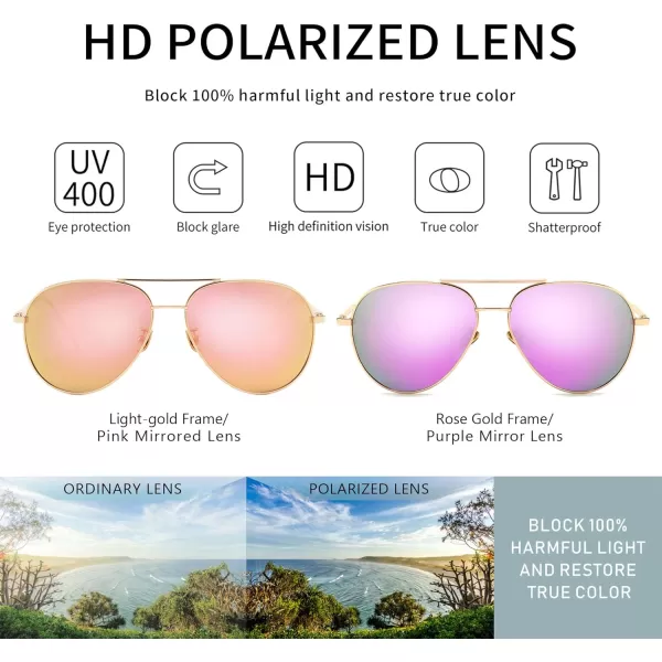 SUNGAIT Womens Lightweight Oversized Aviator Sunglasses  Mirrored Polarized Lens2 Pack Polarized LightgoldPink Mirroredrose GoldPurple Mirrored