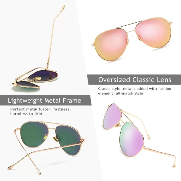 SUNGAIT Womens Lightweight Oversized Aviator Sunglasses  Mirrored Polarized Lens2 Pack Polarized LightgoldPink Mirroredrose GoldPurple Mirrored