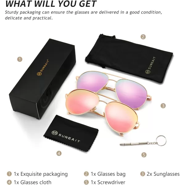 SUNGAIT Womens Lightweight Oversized Aviator Sunglasses  Mirrored Polarized Lens2 Pack Polarized LightgoldPink Mirroredrose GoldPurple Mirrored