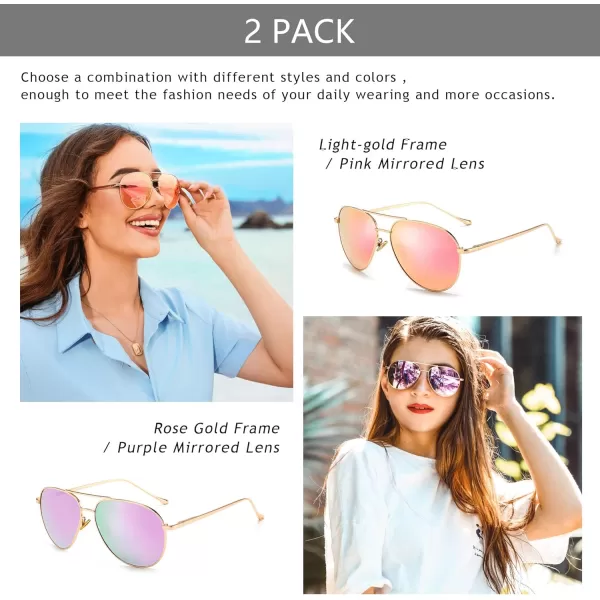 SUNGAIT Womens Lightweight Oversized Aviator Sunglasses  Mirrored Polarized Lens2 Pack Polarized LightgoldPink Mirroredrose GoldPurple Mirrored