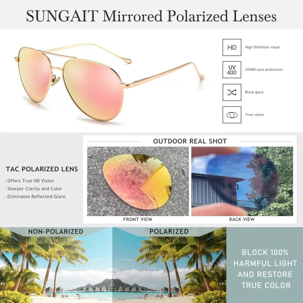 SUNGAIT Womens Lightweight Oversized Aviator Sunglasses  Mirrored Polarized Lens2 Pack Polarized  LightgoldPink MirroredsilverBlue Mirrored