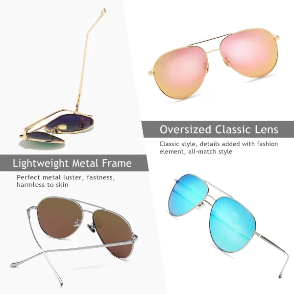 SUNGAIT Womens Lightweight Oversized Aviator Sunglasses  Mirrored Polarized Lens2 Pack Polarized  LightgoldPink MirroredsilverBlue Mirrored
