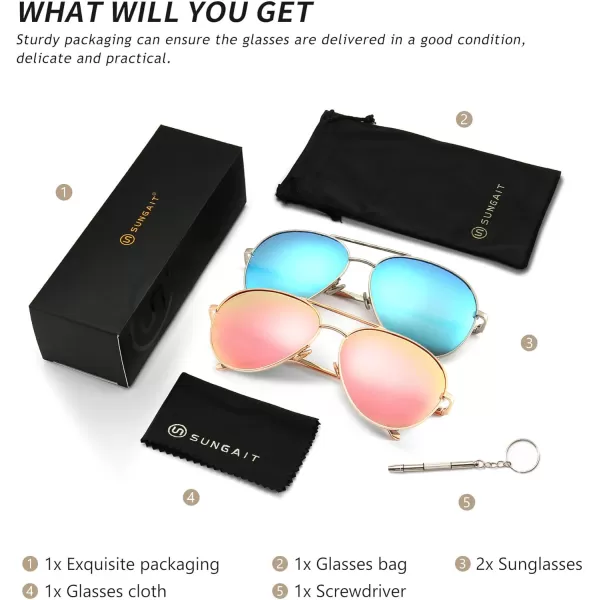 SUNGAIT Womens Lightweight Oversized Aviator Sunglasses  Mirrored Polarized Lens2 Pack Polarized  LightgoldPink MirroredsilverBlue Mirrored