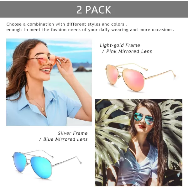 SUNGAIT Womens Lightweight Oversized Aviator Sunglasses  Mirrored Polarized Lens2 Pack Polarized  LightgoldPink MirroredsilverBlue Mirrored