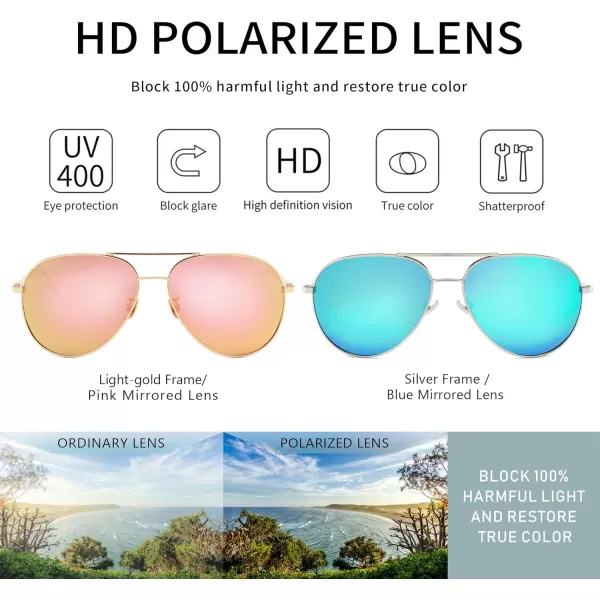 SUNGAIT Womens Lightweight Oversized Aviator Sunglasses  Mirrored Polarized Lens2 Pack Polarized  LightgoldPink MirroredsilverBlue Mirrored