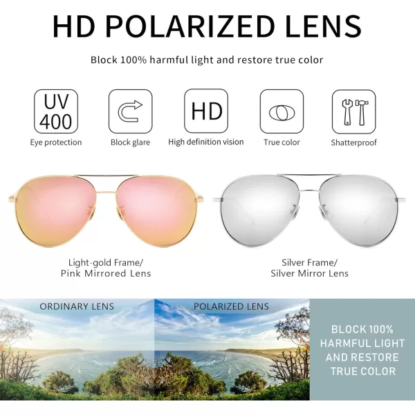 SUNGAIT Womens Lightweight Oversized Aviator Sunglasses  Mirrored Polarized Lens2 Pack Polarized LightgoldPink MirroredsilverSilver Mirrored