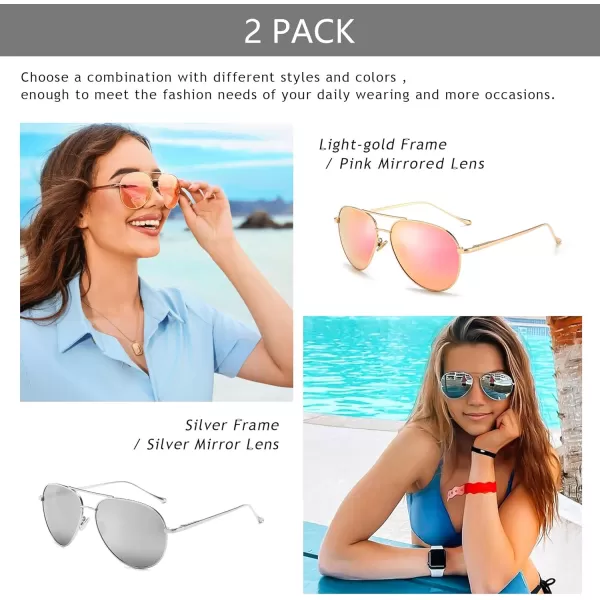 SUNGAIT Womens Lightweight Oversized Aviator Sunglasses  Mirrored Polarized Lens2 Pack Polarized LightgoldPink MirroredsilverSilver Mirrored