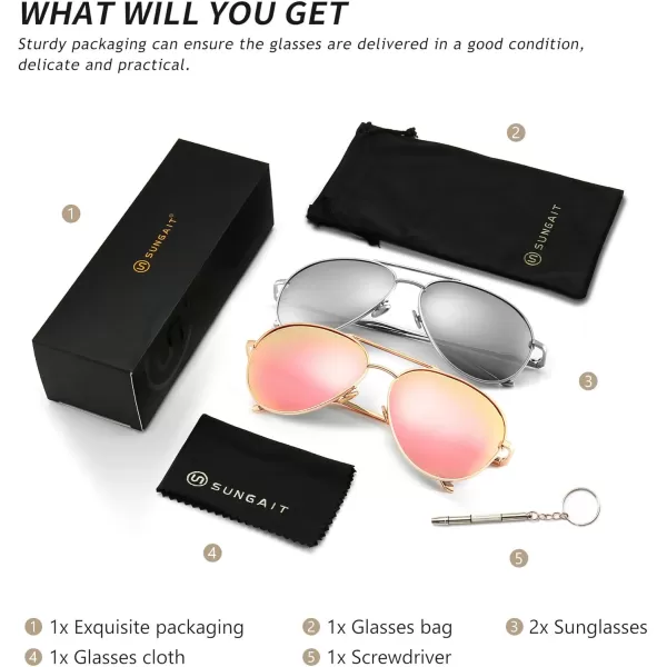 SUNGAIT Womens Lightweight Oversized Aviator Sunglasses  Mirrored Polarized Lens2 Pack Polarized LightgoldPink MirroredsilverSilver Mirrored