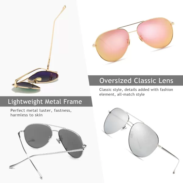 SUNGAIT Womens Lightweight Oversized Aviator Sunglasses  Mirrored Polarized Lens2 Pack Polarized LightgoldPink MirroredsilverSilver Mirrored