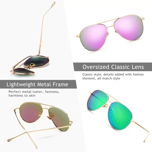 SUNGAIT Womens Lightweight Oversized Aviator Sunglasses  Mirrored Polarized Lens2 Pack Polarized Rose GoldPurple MirroredlightgoldGreen Mirrored
