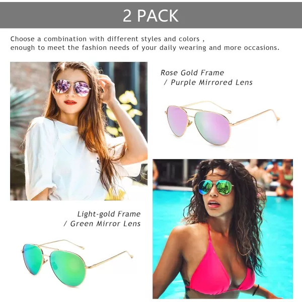 SUNGAIT Womens Lightweight Oversized Aviator Sunglasses  Mirrored Polarized Lens2 Pack Polarized Rose GoldPurple MirroredlightgoldGreen Mirrored