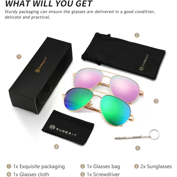 SUNGAIT Womens Lightweight Oversized Aviator Sunglasses  Mirrored Polarized Lens2 Pack Polarized Rose GoldPurple MirroredlightgoldGreen Mirrored