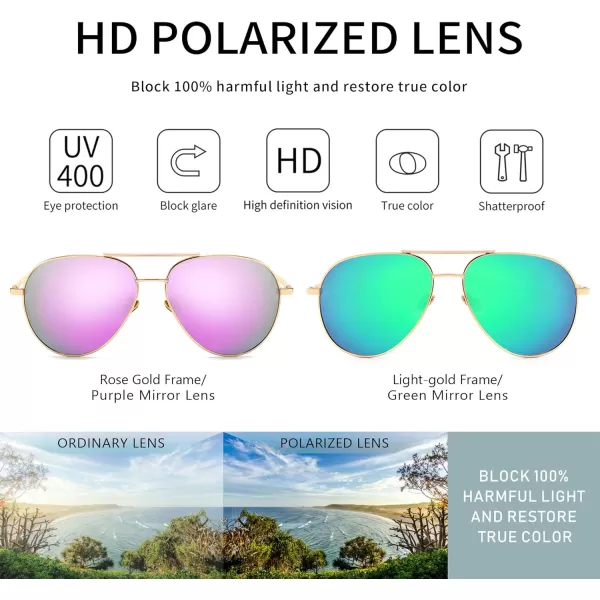 SUNGAIT Womens Lightweight Oversized Aviator Sunglasses  Mirrored Polarized Lens2 Pack Polarized Rose GoldPurple MirroredlightgoldGreen Mirrored