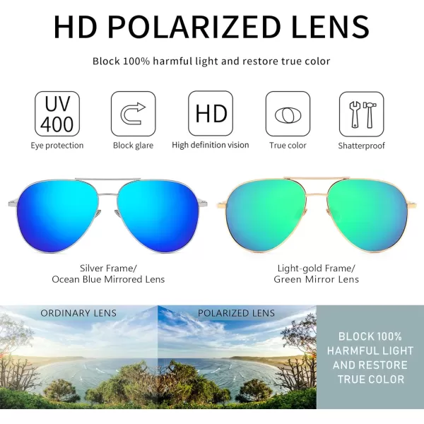 SUNGAIT Womens Lightweight Oversized Aviator Sunglasses  Mirrored Polarized Lens2 Pack Polarized  SilverOcean Blue MirroredlightgoldGreen Mirrored